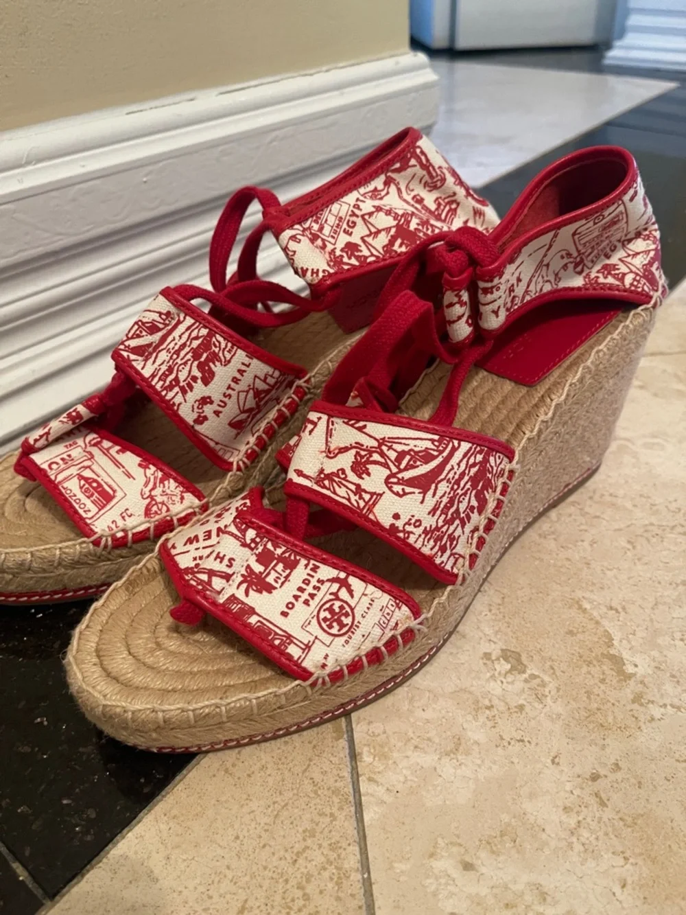 NWOT TORY BURCH red Destination Wedge Espadrilles with ankle/calf laces in sz 10